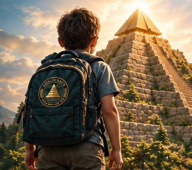 Illustration of a young person wearing a Goalocracy backpack, looking toward a sunlit pyramid and its floating capstone.